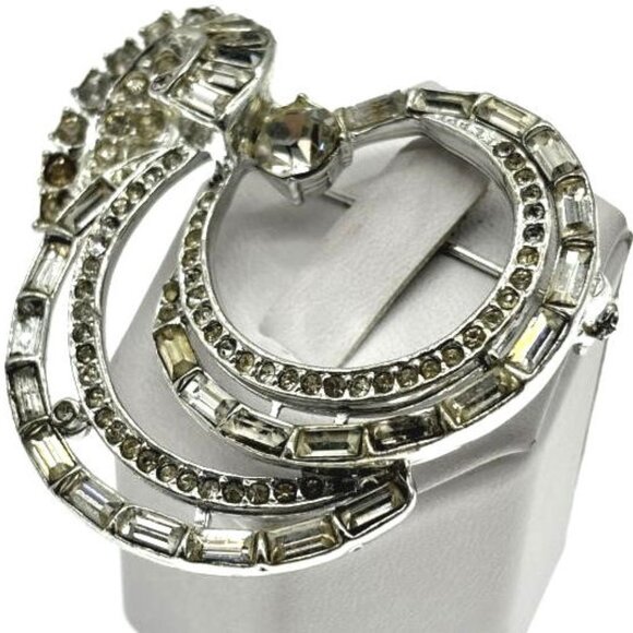 1930's Rhodium Plated Rhinestone Brooch Fancy Pin Elegant - Picture 2 of 5